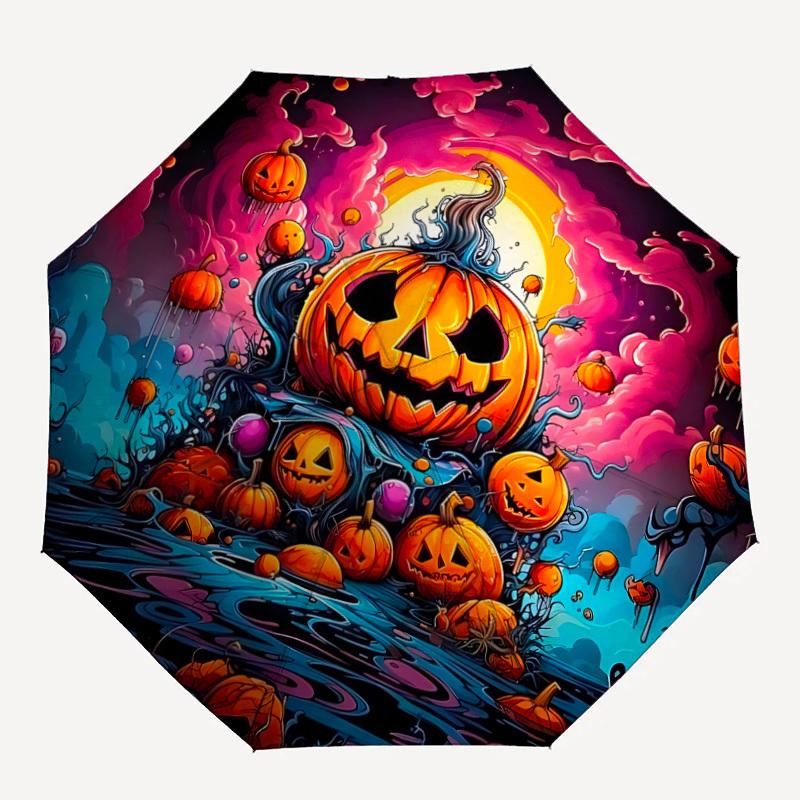 

1pc Scary Halloween Pumpkin Automatic Folding Umbrella, Lightweight Retractable Compact Travel Umbrella, 8-Rib Sturdy Frame003
