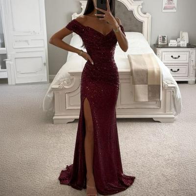 Women's Sequin Prom Dress with Slit Sparkly Off Shoulder Gown Formal Mermaid Evening Party Maxi Dress