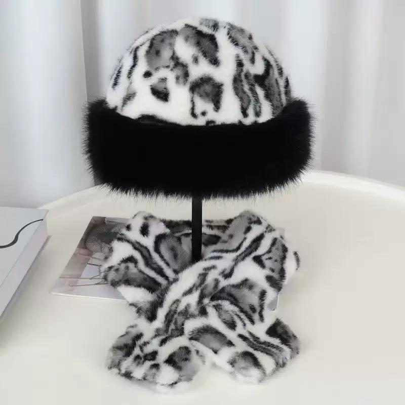 European & American Mink Fur Leopard Print Hat & Scarf Set - High-End Autumn/Winter Neck Warmer.