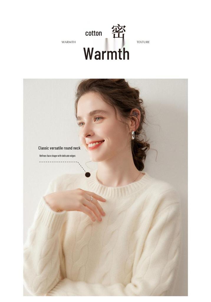 Women's Fashionable Cashmere Cable Knit Pullover - Solid Color, Round Neck, Drop Shoulder, Age-Reducing Wool Sweater