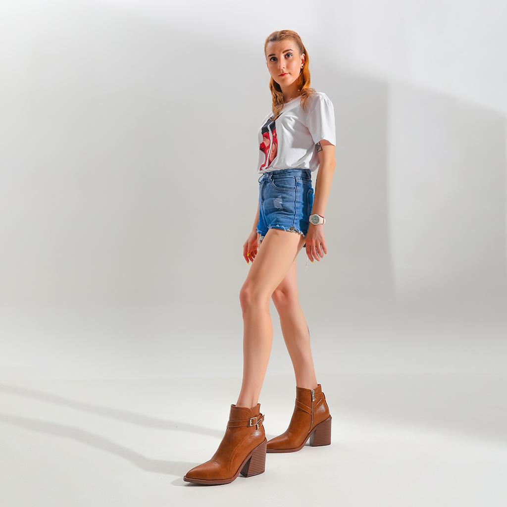 Fashion 2025 PU Leather Western Cowboy Boots Women Thick High Heels Zip Buckle Strap Booties Pointed Toe Ankle Botas Shoes Autumn Winter