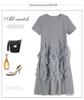 2026 Spring/Summer Plus Size Mesh Patchwork T-shirt Dress, Gray, Short Sleeve, Regular Shoulder Style for Women