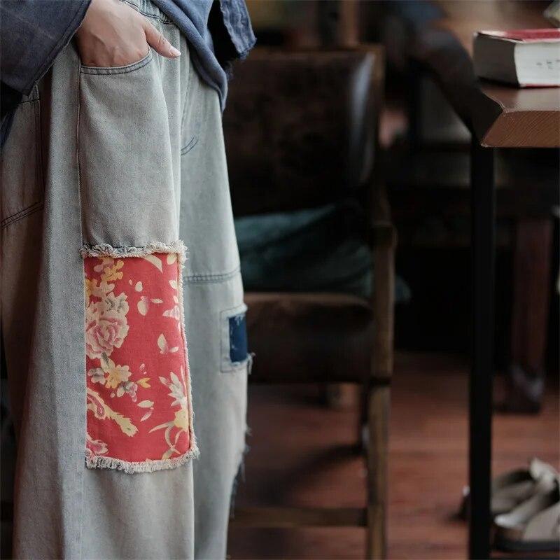 Johnature Pantaloni casual da donna larghi in denim con stampa floreale vintage patchwork da donna