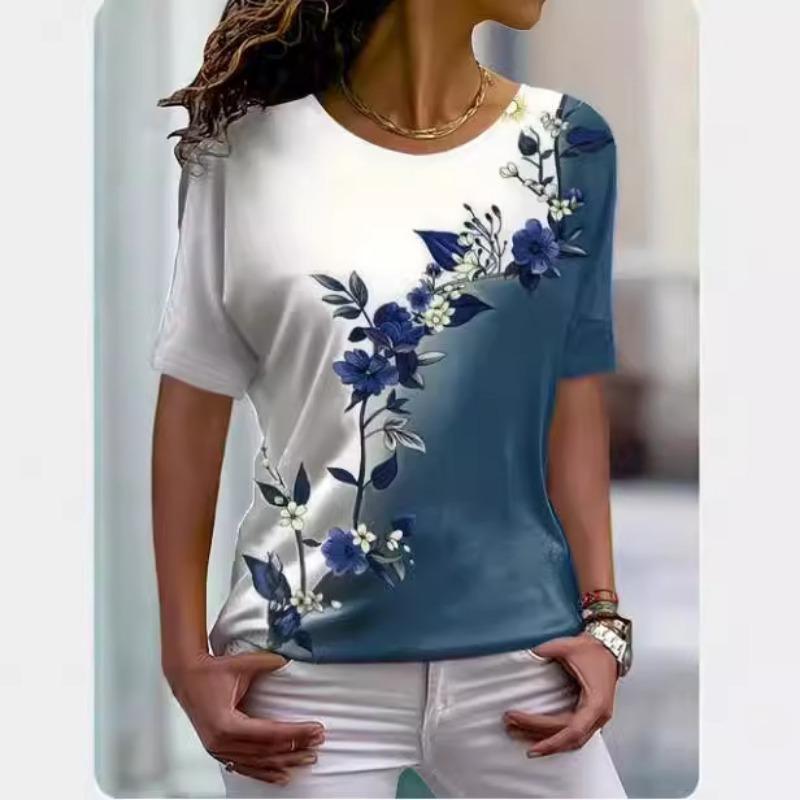 Spring Summer Women's Floral Print Gradient T-Shirt Casual Short Sleeve Crew Neck Top
