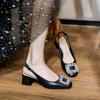 Baotou rhinestone sandals women's medium heel high heel with soft leather large size shoes