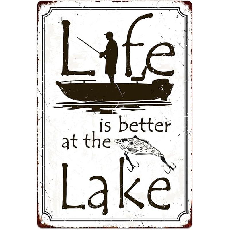 Funny Fishing Signs Life Is Better At The Lake Vintage Metal Fish Painting Art Printing Poster Wall Decor for Home Kitchen Bar Cafe Pub 12x8 Inch Life Is Better At The Lak