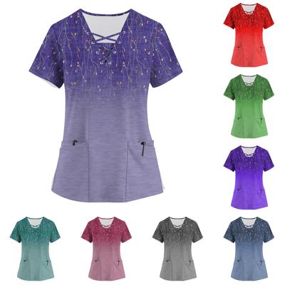 Tops de uniforme de trabajo estampados de talla grande para mujer, camisetas divertidas de manga corta con cuello en V cruzado y estampado floral, ropa de trabajo, camiseta con bolsillos