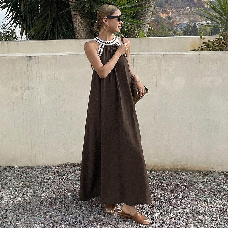 European Bohemian Maxi Dress 2026: Lace Patchwork Halter Style for Women Medium