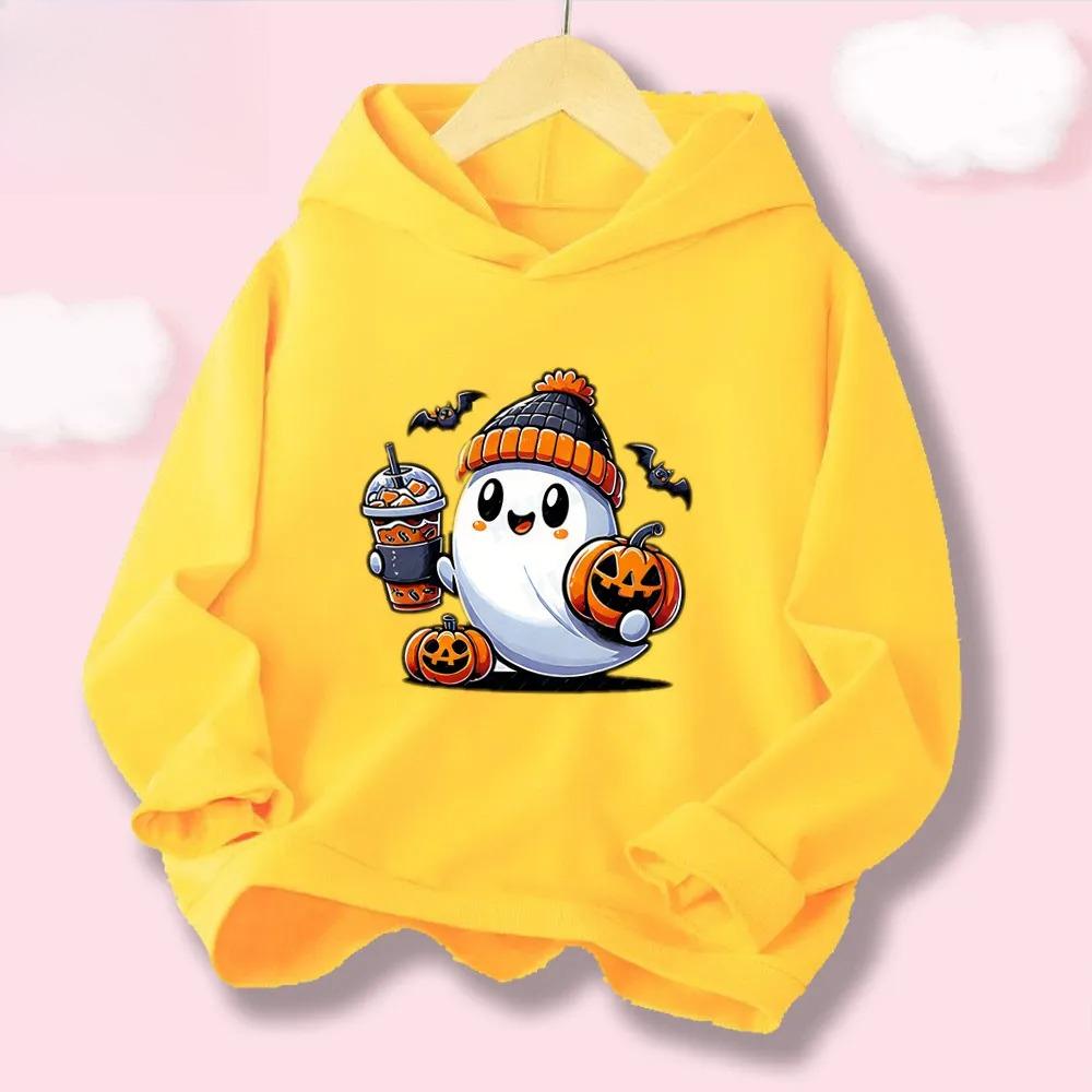 Halloween Kawaii Pumpkin Cartoon Print Children Hooded Sweatshirt Boy Girl Autumn Winter Daily Outdoor Casual Warm Sportswear