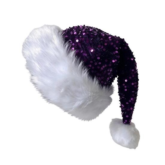 Christmas Decoration for Holiday Events Sparkly Santa Hat Women Men, Glitter Sequin with White Fluffy Trim Gift Friends Family And Pom Pom,