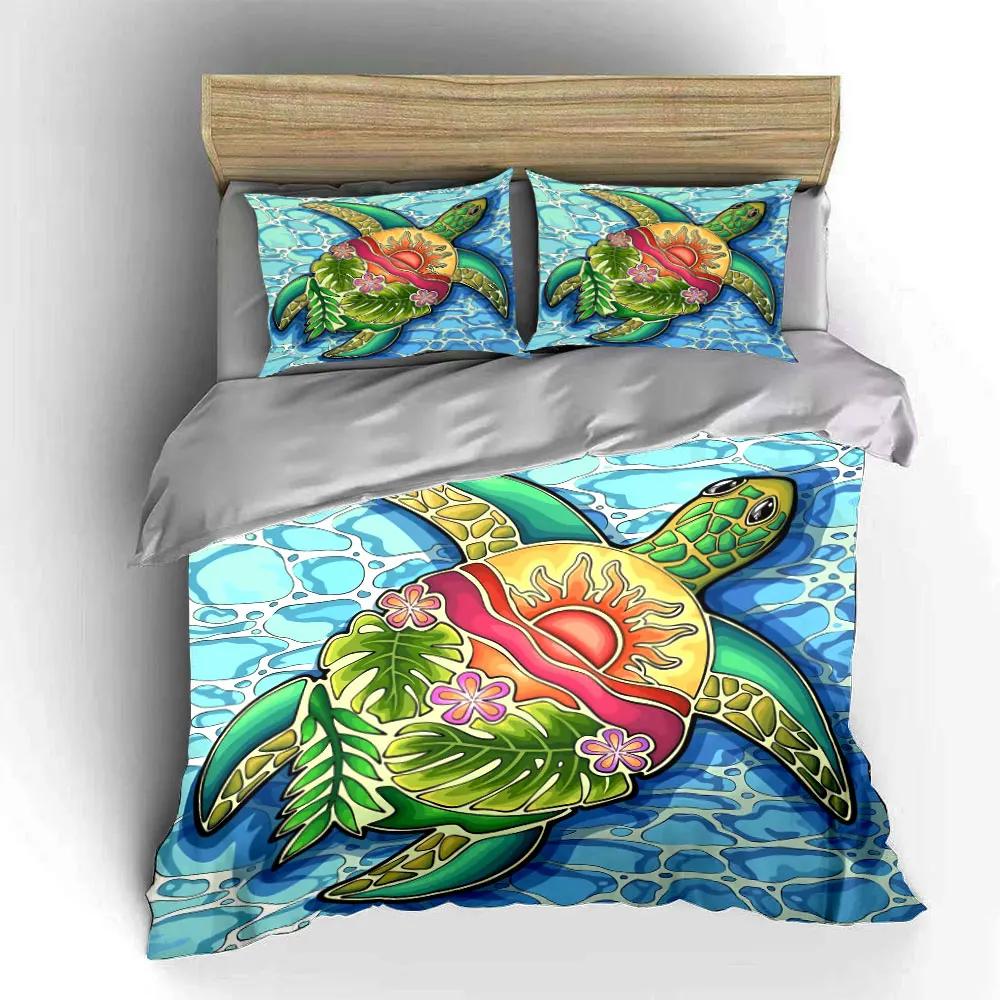 Colorful Turtle Beach Decor Set Bedding Set with 1 Duvet Cover 2 Pillowcases Single Double King Queen, Gift
