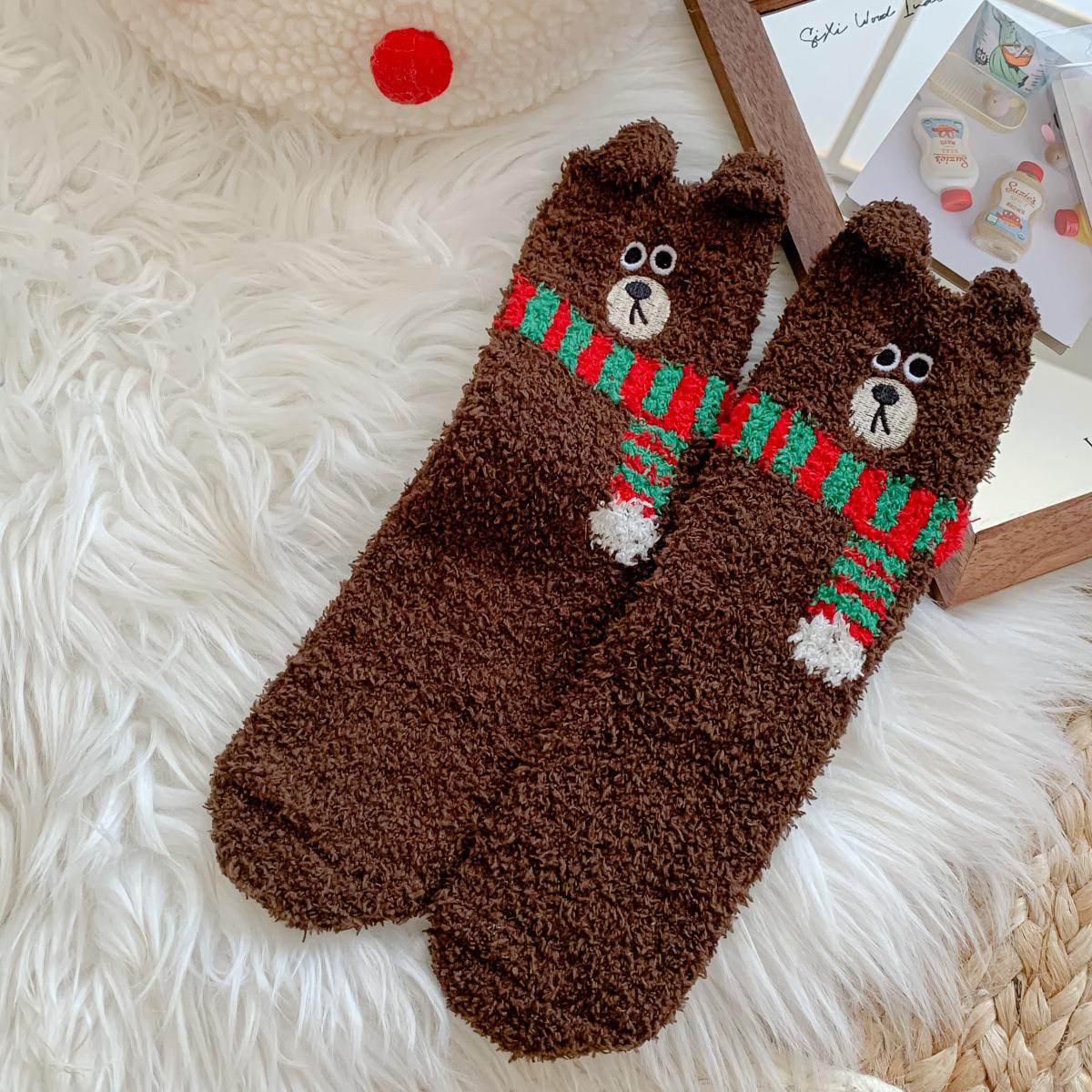 

Женские некошлатящиеся коралловые флисовые носки до середины икры для сна – Милый мультяшный дизайн с медведем для осени и зимы One Size кофейный