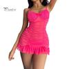 2 Pcs/Set Nightdress Panties Set Spaghetti Strap Backless Sleeveless Nightwear Pleated Transparent Mesh Bow Ruffle Dress Sleepwear Set G-string Set