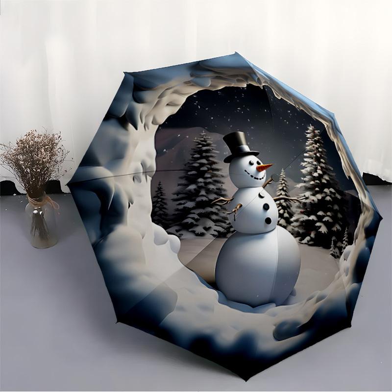 1pc Snowman Winter Scene Folding Umbrella, Durable, Suitable for Outdoor Activities or Rain, Suitable for Commuting yy251027085