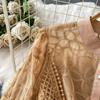 Autumn Elegant Lantern Sleeve Mesh Lace Patchwork Midi Dress for Women Vintage Flower Embroidery Single-breasted Party Dresses with Belt