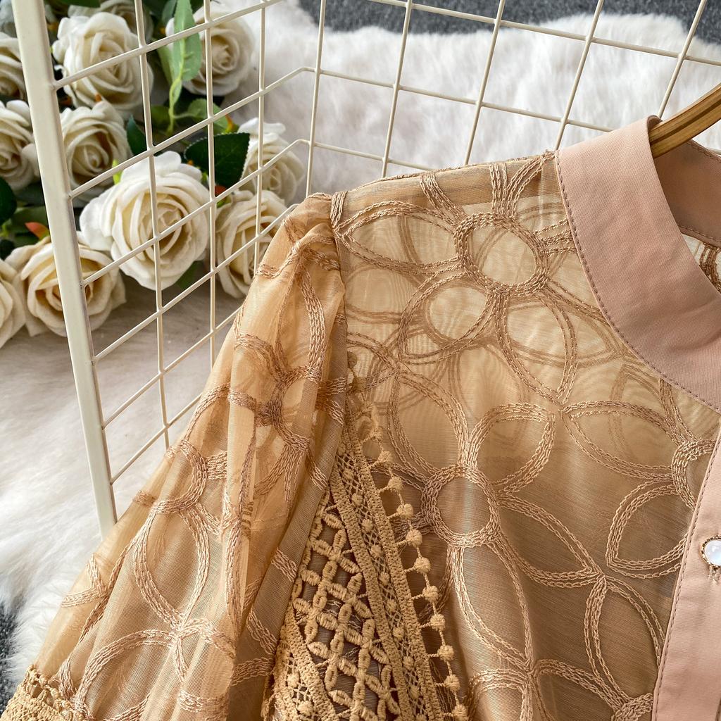 Autumn Elegant Lantern Sleeve Mesh Lace Patchwork Midi Dress for Women Vintage Flower Embroidery Single-breasted Party Dresses with Belt