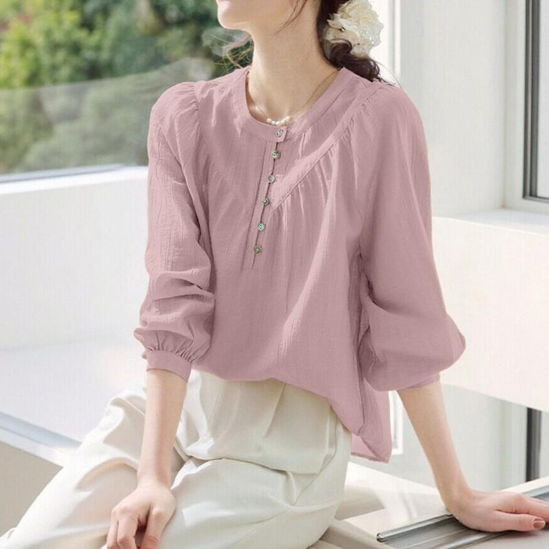 ZANZEA Women Casual Round Neck Solid Color Long Sleeve Cover Up Blouse