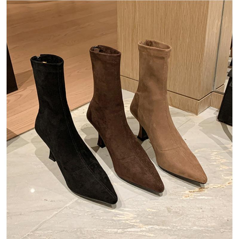 2026 Vintage Damen Stiefeletten Mode Spitz zulaufende Schuhe Herbst Winter Hoher Absatz Damen Elegant Stretch Schlank Kurze Stiefel