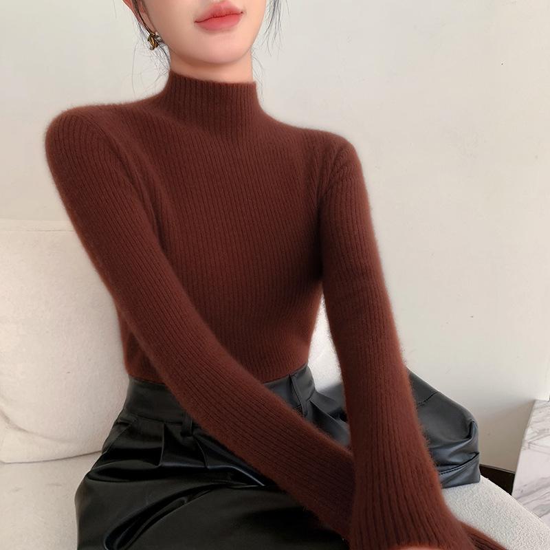 Women's Angora Red Slim-Fit Cashmere Sweater: New Autumn/Winter Style, Thickened Half-High Collar.
