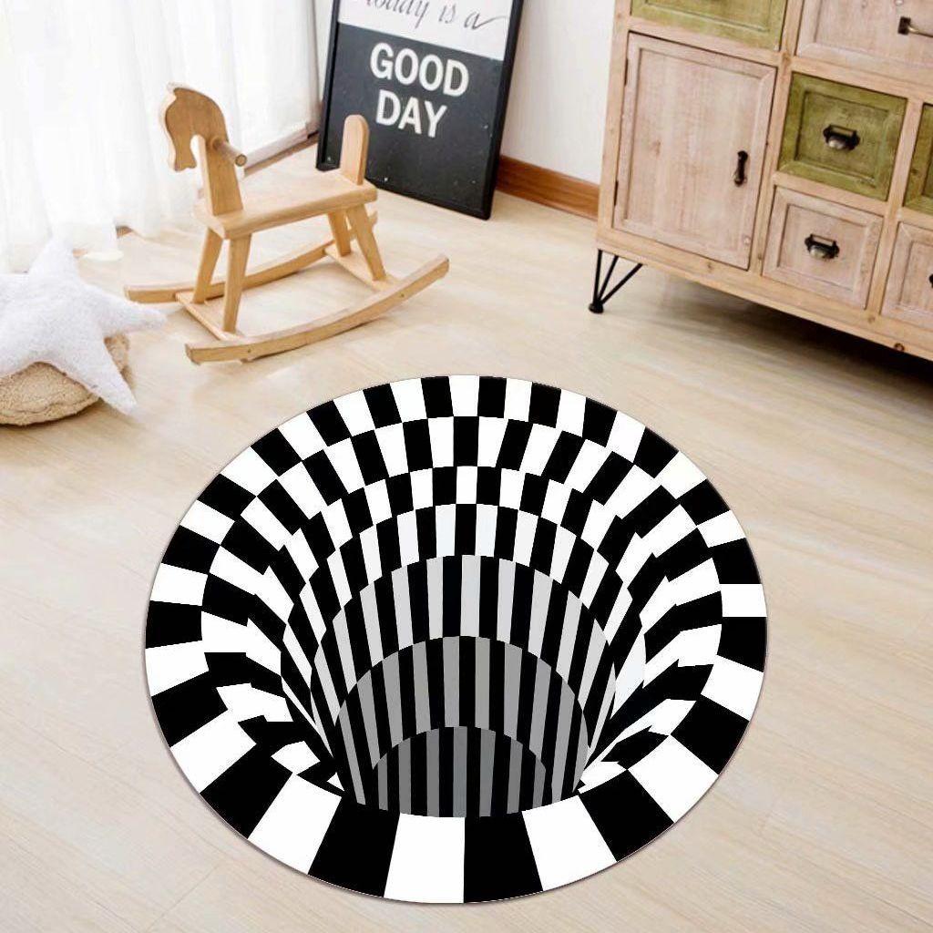 3D Vortex Illusion Round Carpets for Living Room Decoration Black White Grid Carpet Large Area Rugs Bedroom Entrance Door Mat