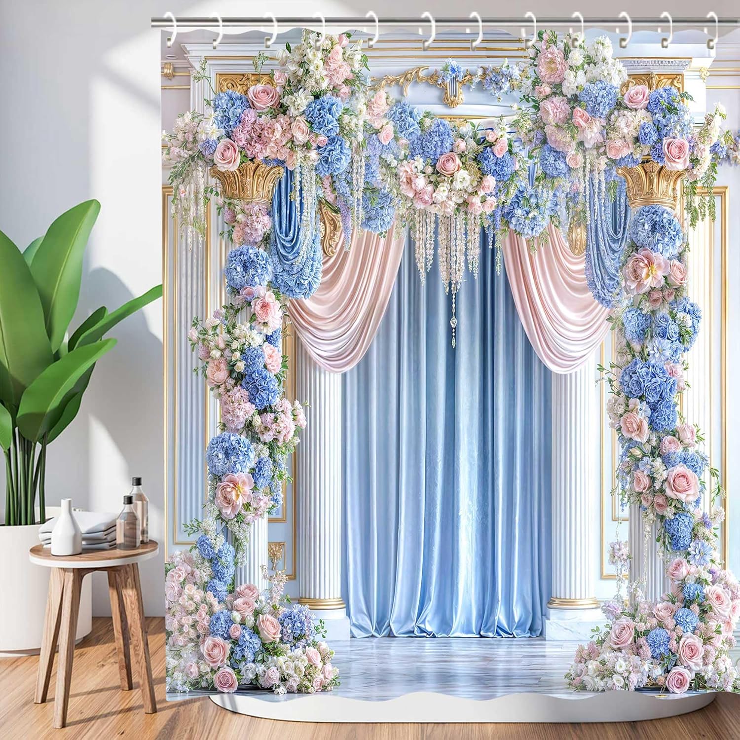 

Blue Pink Floral Shower Curtain, Elegant Luxury Bridal Shower Curtain For Bathroom Decor, Vintage Navy Blue Rose Flowers Women W60H190(CM)-1 Pcs