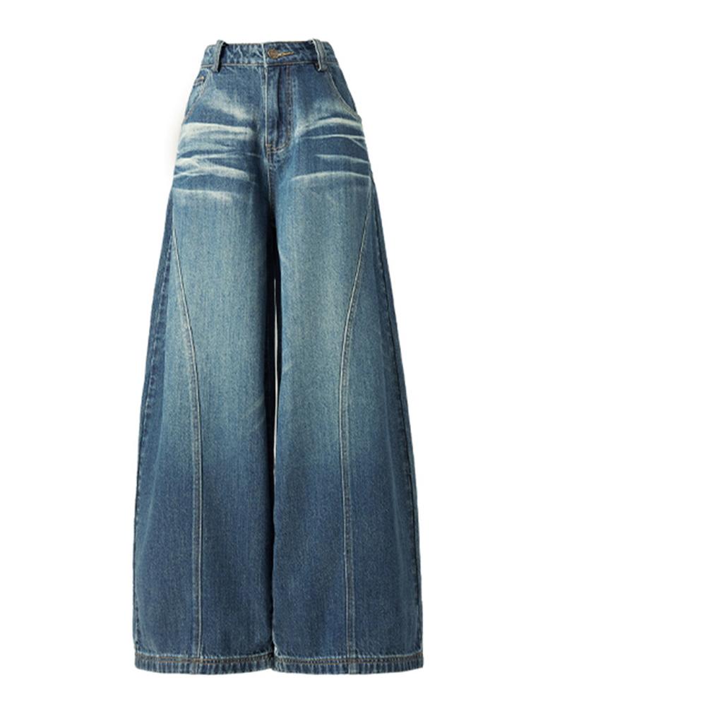 Deep Blue Wide Leg Denim Jeans Women's Early Autumn High Waist Loose Design Sense Floor-Length Pants