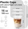 100 Pack 16 oz Plastic Cups, Disposable Iced Coffee Cups with Lids and Straws,  Smoothies Milkshakes Juice, Sturdy Crystal Clear, Home Office Party