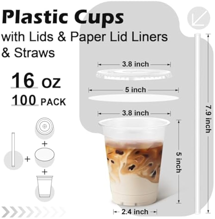 100 Pack 16 oz Plastic Cups, Disposable Iced Coffee Cups with Lids and Straws, Smoothies Milkshakes Juice, Sturdy Crystal Clear, Home Office Party