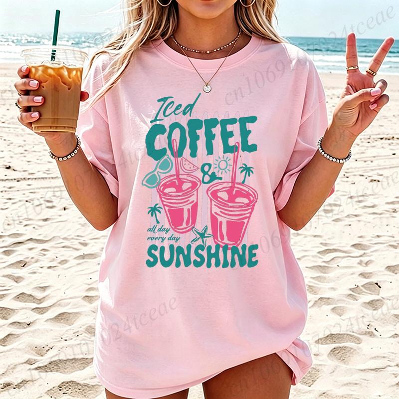 Summer New Fashion T-Shirts Coffee Graphic Women s T-Shirt Sunshine Beach Graphic Clothing Cute Drink Aesthetic Women Tee Tops S
