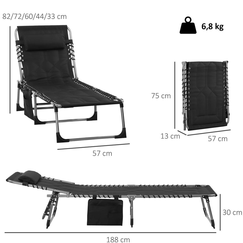 Sun Lounger, Foldable Garden Lounger with Headrest Pillow, Side Pocket, Deck Chair with 5-Way Adjustable Backrest