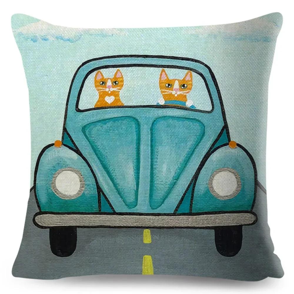 Cartoon Driving Car Cat Cushion Cover Decor Cute Pet Animal Pillowcase Polyester Pillow Case for Sofa Home Children Room
