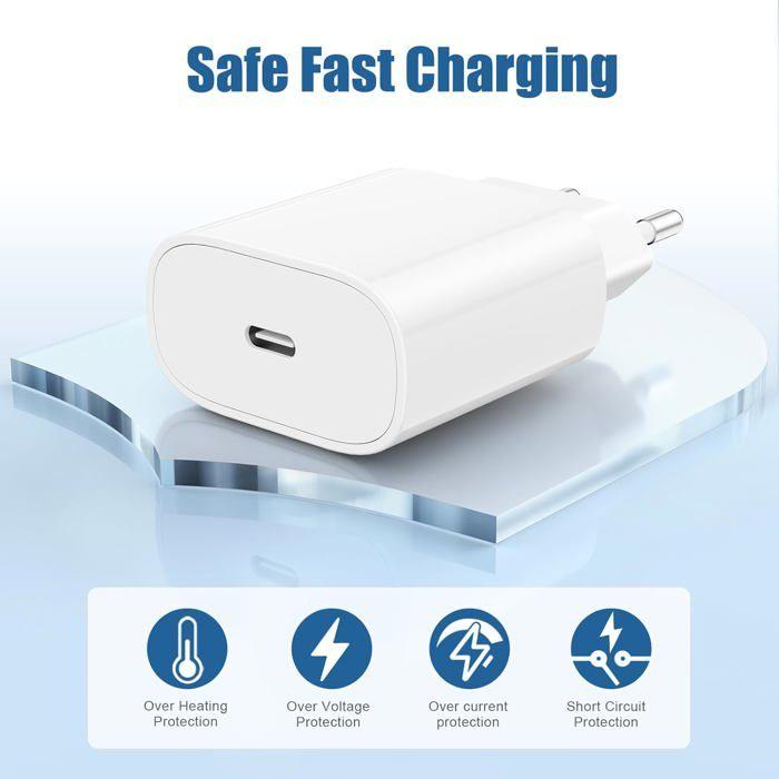 Chargeur - 20W - iPhone 15 Pro Max - Câble USB C 6FT - Charge rapide - Protection sécurité