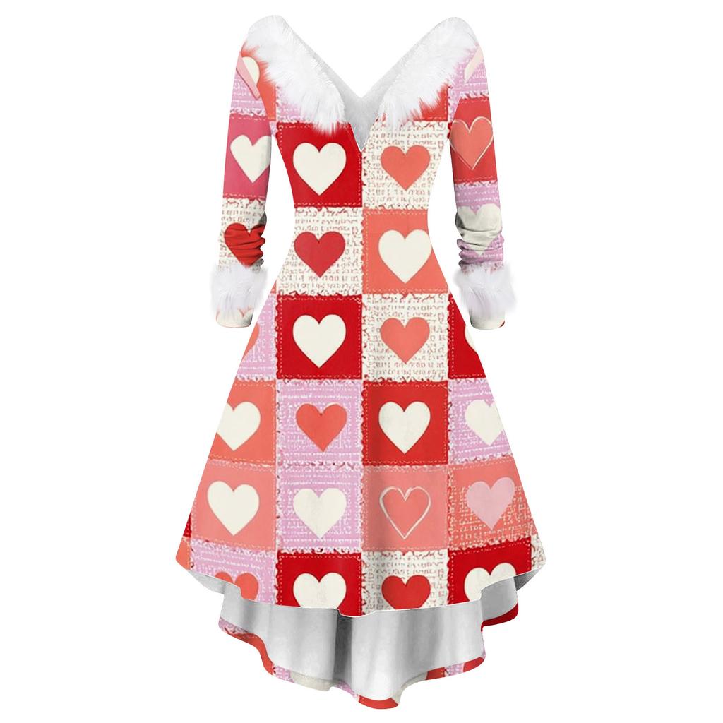 Damen stilvolles und elegantes langärmeliges V-Ausschnitt Kleid mit Valentinstags-Herzprint