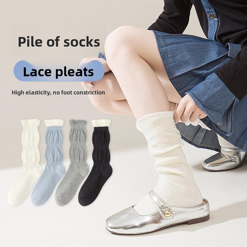 Female Autumn and Winter Solid Color Sweet Bubble Lace Calf Pile Pile Cotton Socks