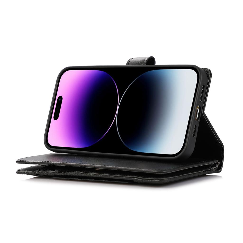 For iPhone 15 Pro Split Leather Stand Cover Multiple Card Slots Wallet Phone Case with Strap