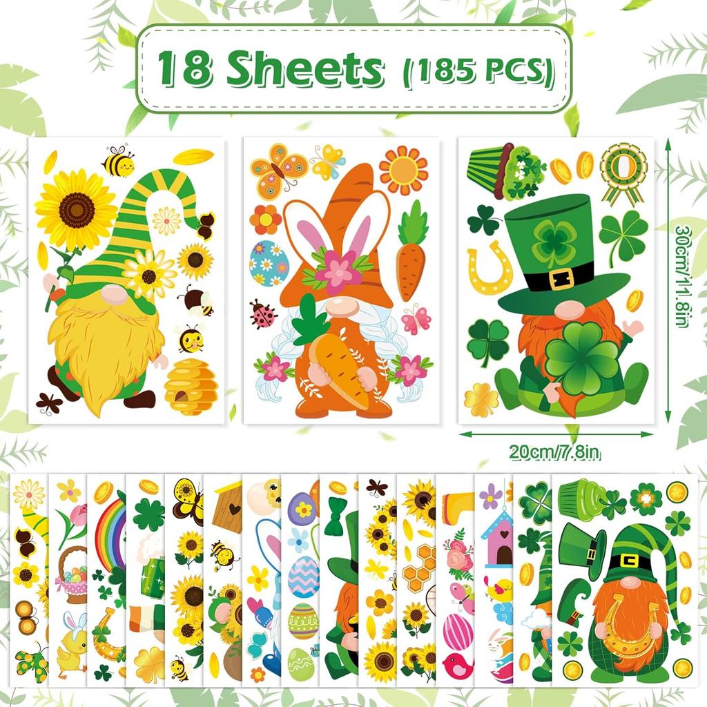 Whaline 18 Sheet Spring St. Patrick's Day Easter Window Clings Stickers Cute Gnome Window Decals Sunflower Bee Shamrock Easter Bunny Eggs Windows
