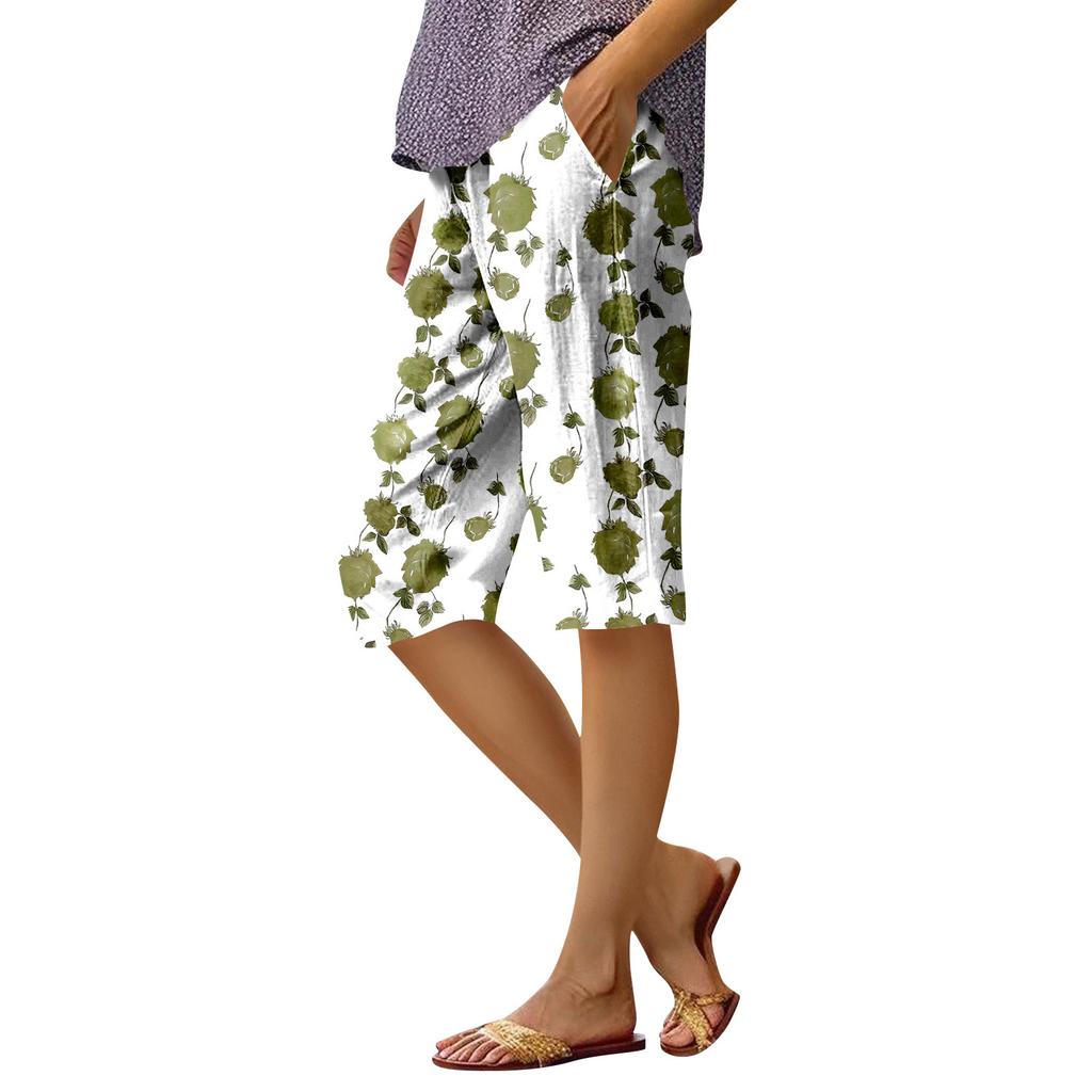 Dámské módní potištěné kapsy elastický pas ležérní 5/10 kalhoty