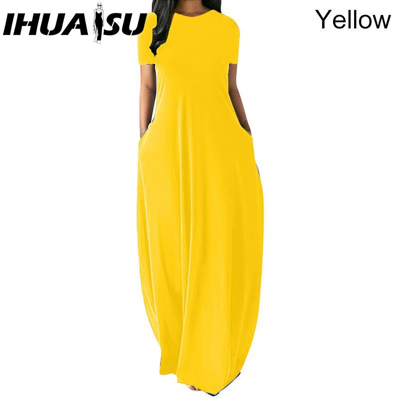IHUASU Women Casual Loose Long Dress O-Neck Short Sleeve Summer Beach Dress Elegant Party Dress