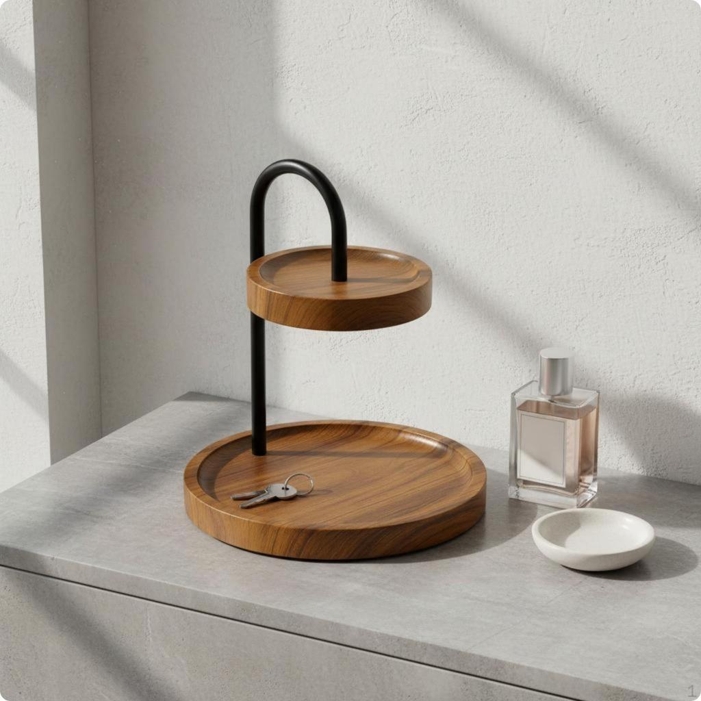 TwoTier Tabletop Rack WoodGrain Finish Round Storage Black Metal Countertop Organizer for