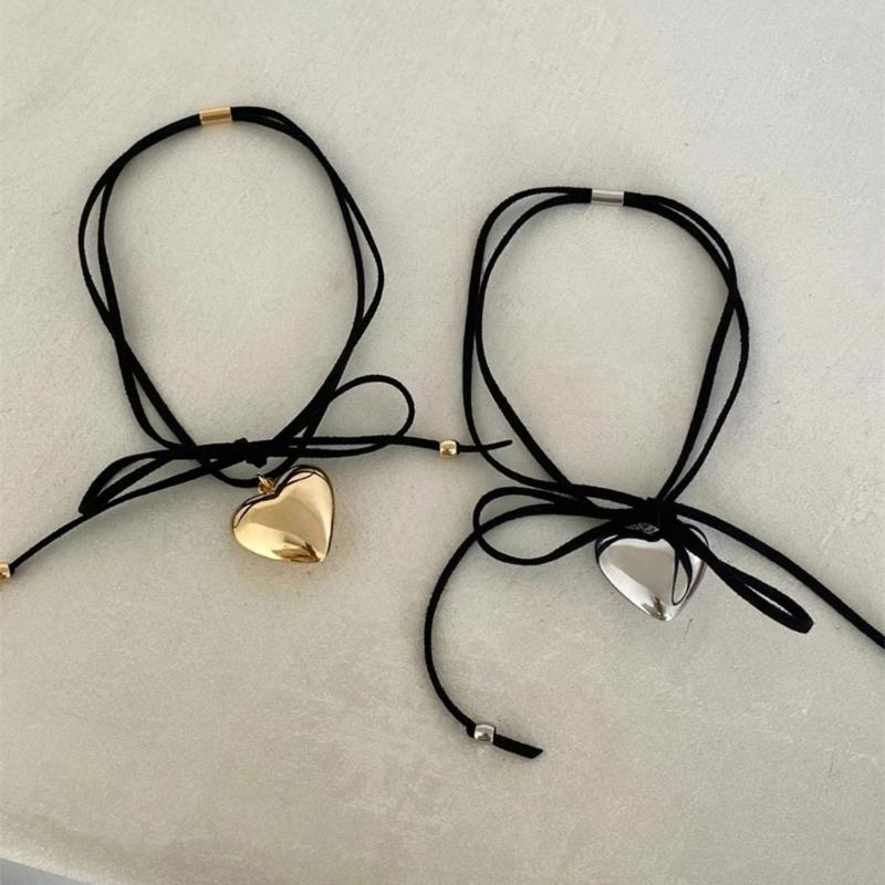 Heart Pendant Collar Necklace Long Rope Bow-Tie Choker Necklace Fashion Jewelry Neck Tie Clavicle Chain Necklace