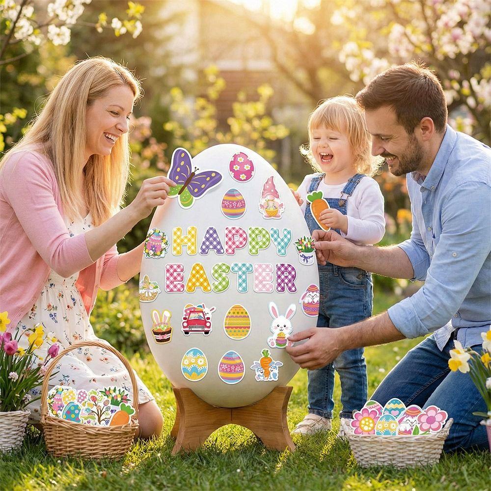 57PCS Cartoon Easter Decoration Paper Multicolor Easter Eggs Cards Flower Sheep Butterfly Bunny Chicken Wall Sticker