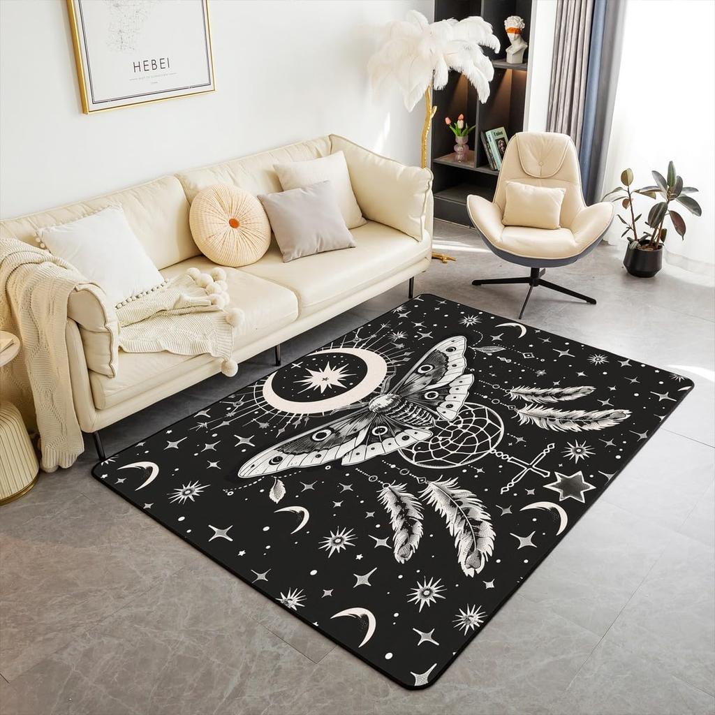 Erosebridal Moth Skull Moon Area Rug 4'11" X 3'3" Bohemian Stars Exotic Living Room Rugs Starry Sky Mysterious Decorative Carpet Black and W