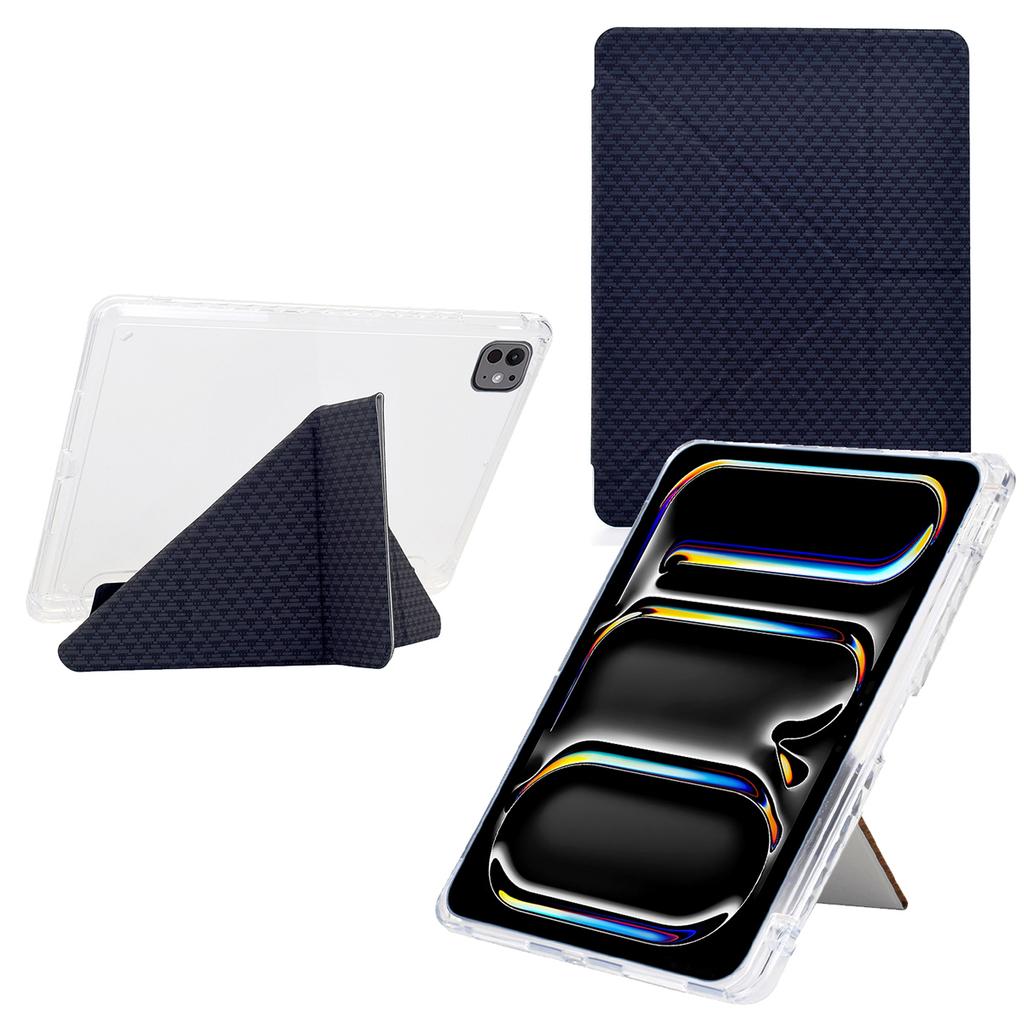 For iPad Pro 11 (2024) Case Y-Fold Stand Pyramid-Patterned Leather+Clear Acrylic Tablet Cover with Pencil Holder