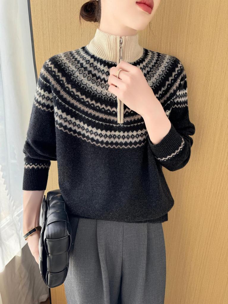 Women's Retro Fair Isle Stand Collar Wool Sweater - Loose Fit, 100% Wool, Plus Size Knitwear Outerwear