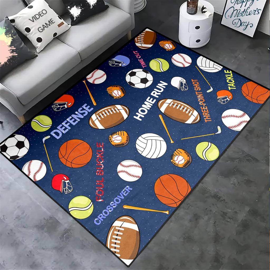 Navy Blue Sports Rug for Boys - Soccer Basketball Football Tennis Ball Kids Bedroom Decor, Non-Slip Playroom Carpet
