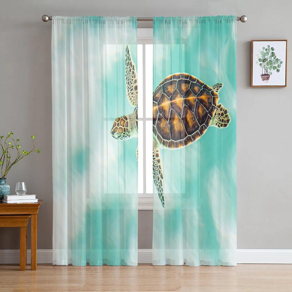 Sea Turtle Ocean Creature Landscape Voile Curtains Living Room Bedroom Transparent Tulle Window Drapes Curtain With Sheer Polyester Perfect For Area