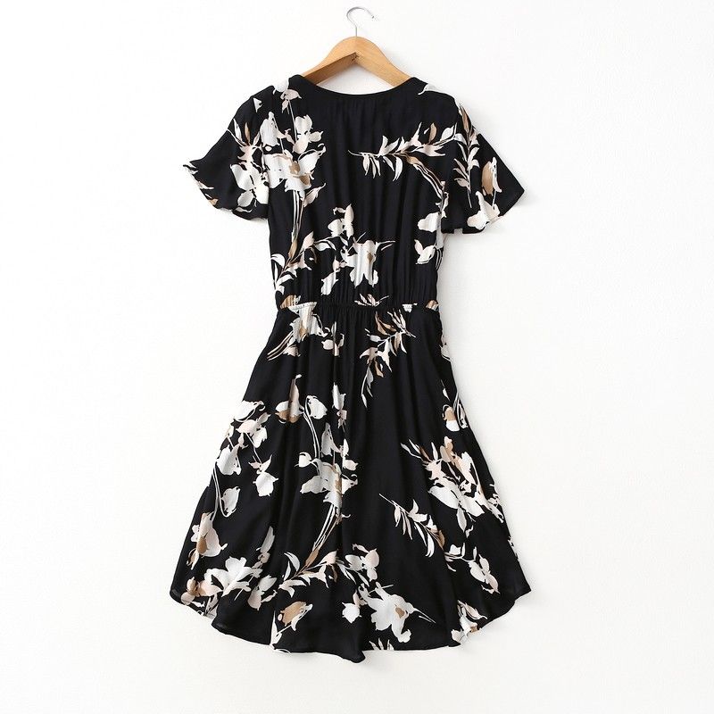 Foreign Trade Original Order Export Noil Poplin Dress Elegant V-neck Waist-Controlled Slimming Print Artificial Cotton Skirt Summer Women's Clothing