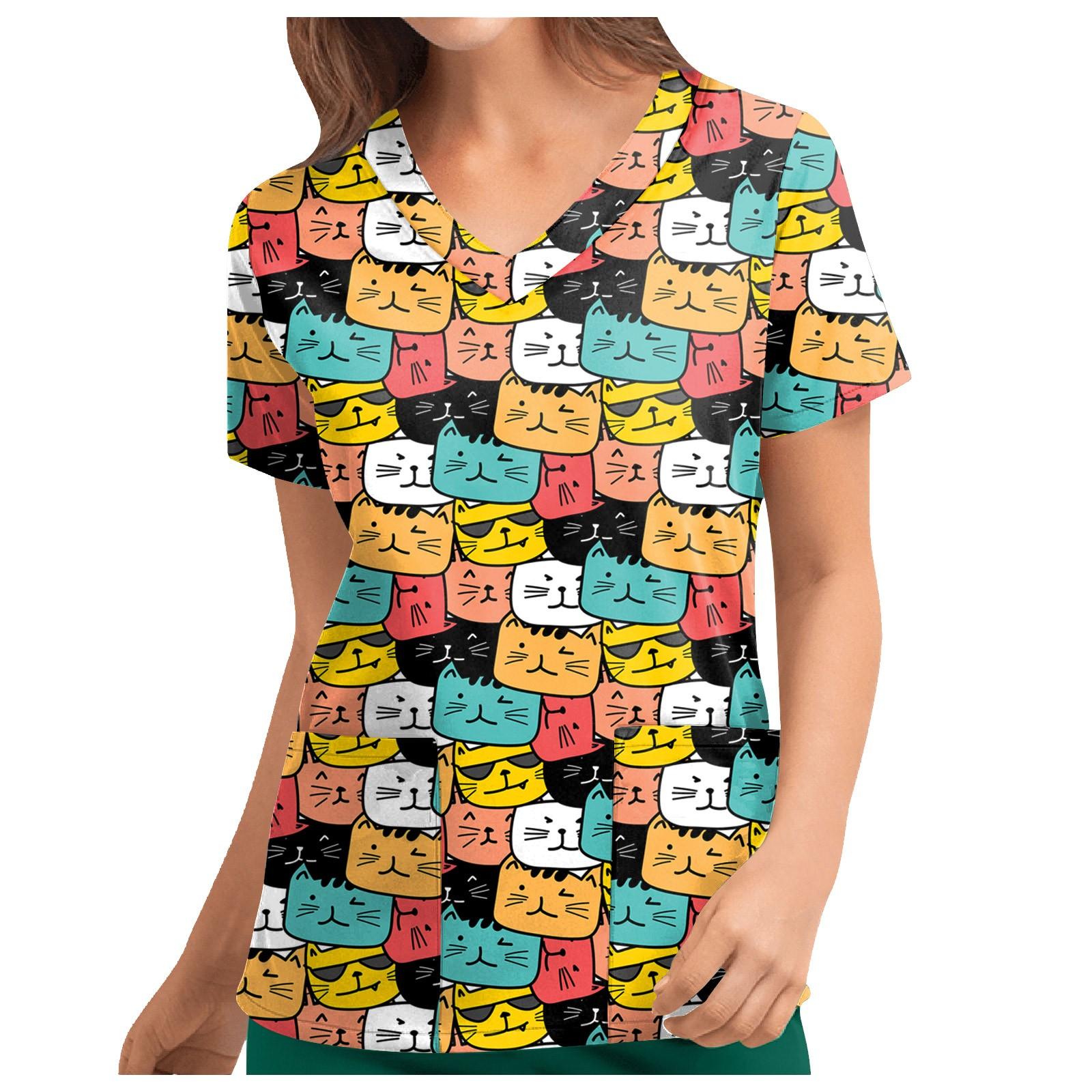 

Женские футболки с персонализированным милым принтом, топ с v-образным вырезом и короткими рукавами, рабочая форма, топы с карманами M разноцветный