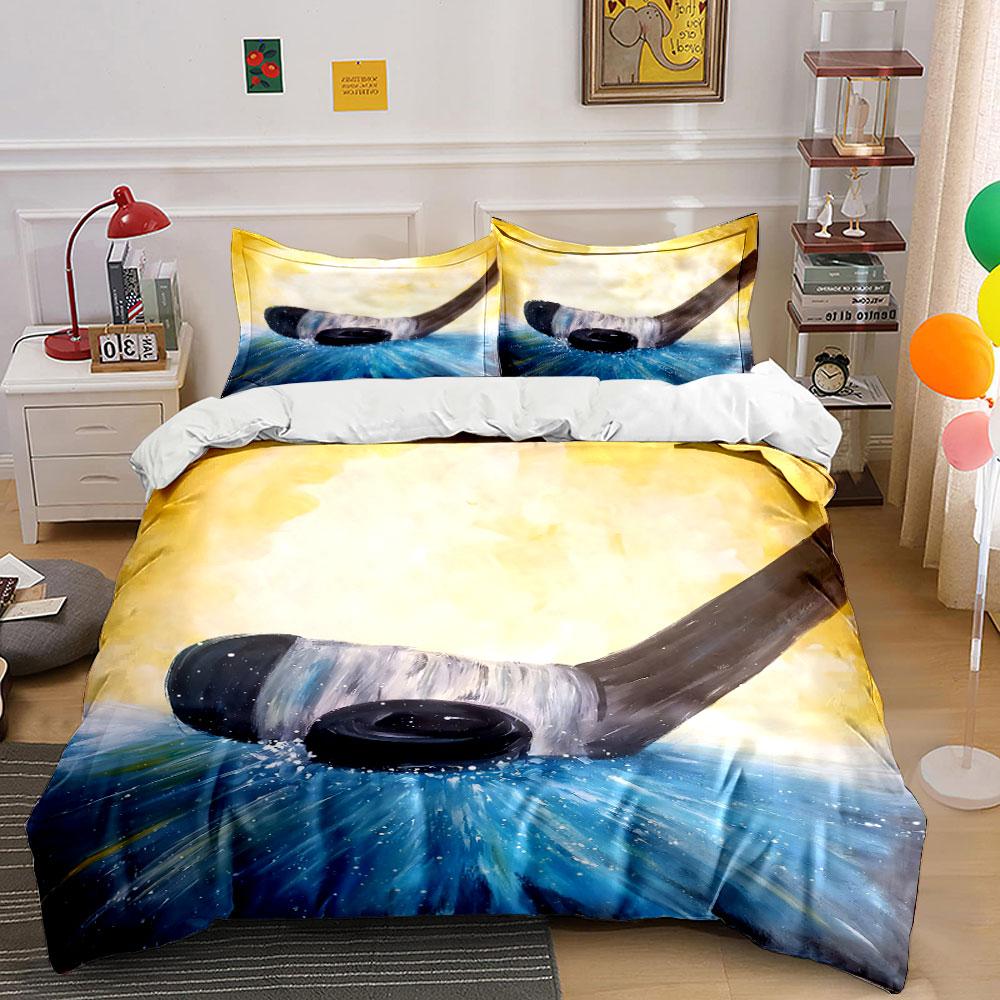 Hockey Stick and Puck Splash Art Print Bedding Set Duvet Cover Pillowcases (1* Duvet Cover 2* Pillowcases Do Not Include Comforter)