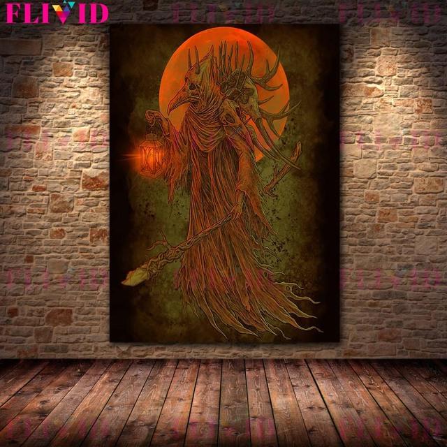 Moon Demon and Horror Wizard Vintage Wall Art Oil Painting Skeleton Demon Gothic Dark Art Poster